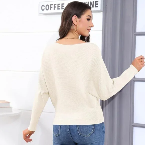 Women's Knit Pullover Sweater Long Sleeve Batwing Casual Soft Jumper Top - Picture 4 of 6